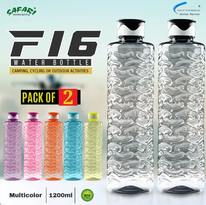 Safari F16 Water Bottle - Pack of 2, 1200 ml Each, Best for Fridge, Home Use, Sports, and School, BPA-Free