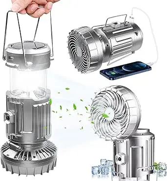 6 in 1 portable outdoor LED camping lantern with fan solar charge rechargeable light