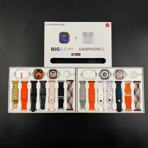 i20 Ultra Smartwatch Combo – 7 Stylish Straps + Wireless Earbuds Included